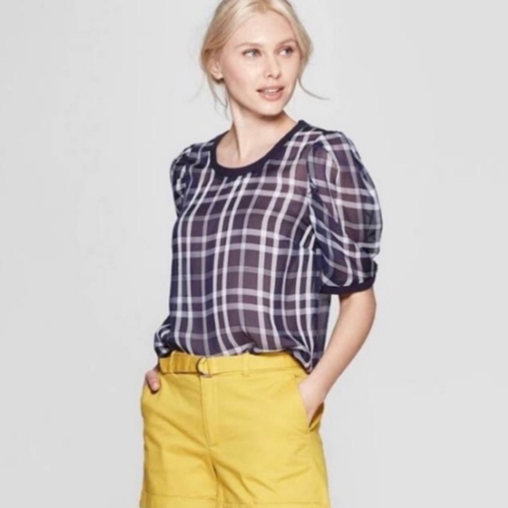 Very cute sheer plaid top, a new day brand